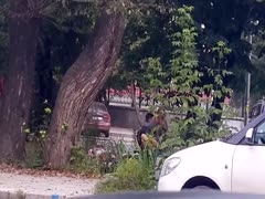 A secret camera captures a mischievous wife having fun while masturbating outside.